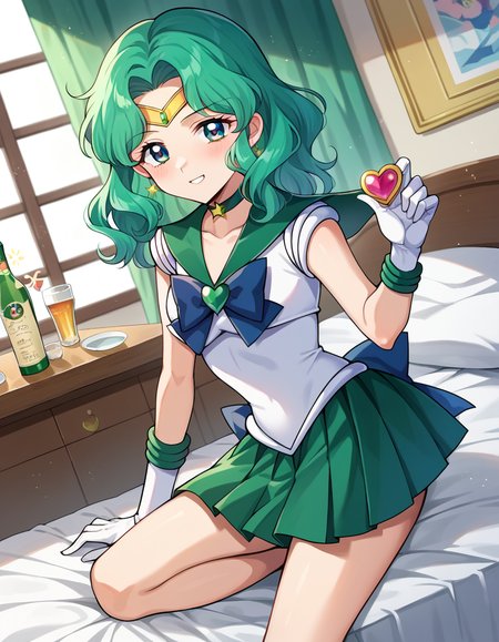 score_9, score_8_up, score_7_up, source_anime,
sailorneptune, <lora:sailor-neptune-ponyxl-lora-nochekaiser:1>
sailor neptune, green eyes, forehead jewel, green hair, medium hair, tiara,
brooch, choker, gloves, heart, heart brooch, jewelry, magical girl, sailor senshi uniform, skirt, star choker, white gloves, bow, green bow, green sailor collar, green skirt,
indoors, bed, bed room, on side, blush, drunk,
looking at viewer, cowboy shot, dutch angle,