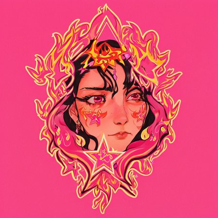 1girl, sm0k, earrings, star (symbol), upper body, flames, ornaments, simple background, pink, eyes open, long dark hair