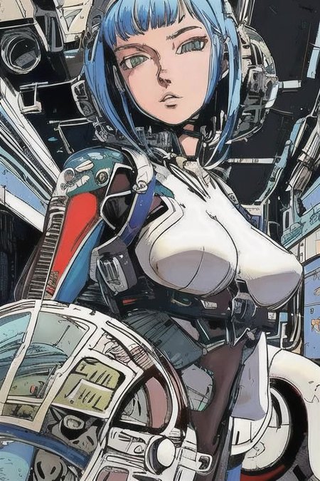 2d artwork, line artwork, comic aesthetics, 1girl, gorgeous space woman, spacesuit mech, looking at viewer, surreal, breathtaking high-tech hardware background, line noise, ancient, retrofuturism, old comic paper, 1girl, beautiful face, spacesuit mech