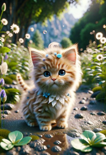 ral-fluff,<lora:ral-fluff:1>,
chibi,masterpiece,best quality,original,official art,kitten,purple hat,flower,blurred background,rendering,beautiful detailed glow,(detailed ice),beautiful detailed water,