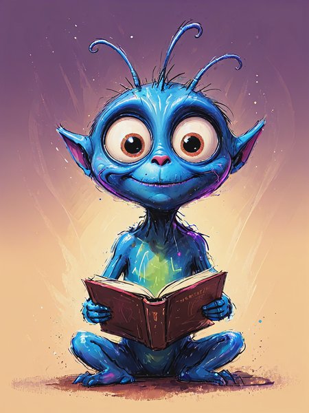 impactful color paint of cute drawing of  funny alien reading a book, suprised in awe <lora:Cute_Drawing:0.6>