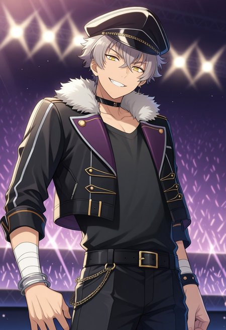 masterpiece,best quality,amazing quality, source_anime, 
kogaoogami, 1boy, male focus, solo, yellow eyes, grey hair, jewelry, earrings, undead uniform, hat, peaked cap, black headwear, choker, shirt, black shirt, jacket, black jacket, cropped jacket, fur trim, open jacket, bracelet, bandaged wrist, belt, black belt, pants, black pants, grin,
stage, lights,