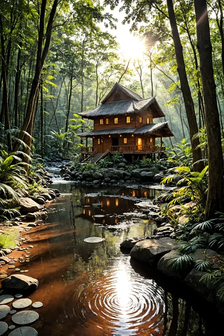 photo, photography, Fujifilm XT3 Viltrox, ((very detailed)), sharp focus, sharp background,  best quality, beautiful landscape, rainforest, jungle, sacred earth, stream, water ripples reflections, (small river pond), rainforest, hut, tribal amazon village, stunning nature environment, (bright sunny sky), high contrast, cinematic (lights), backlight, shadows, lens flare, vibrant colors, colorful, Fluorescent Yellow flowers and leaves,  <lora:add-detail-xl:1>  <lora:Better Blur Control:1>