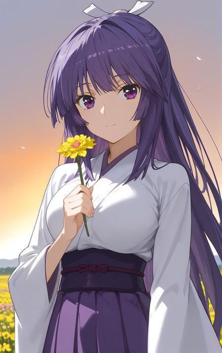 (score_9, score_8_up, score_7_up), looking at viewer, light smile, closed mouth, shiny skin, tight clothes,
ohwx, 1girl, solo, solo_focus, purple_eyes, long_hair, japanese_clothes, purple_hair, very_long_hair, breasts, ponytail, long_hair, breasts, large_breasts,
japanese_clothes, kimono, sash, kimono, skirt, hakama, hakama_skirt, purple_hakama, white_kimono,
sunrise, field, (holding flower:1.5), blurry, upper body, close-up, cowboy shot, dutch angle,
 <lora:miya_asama_pony_ss-000002:1>