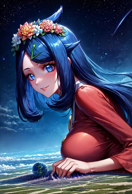gorgeous lips, cinematic, (masterpiece), (best quality), (ultra-detailed), very aesthetic, perfect composition, intricate details, absurdres, detailed face, (anime, masterpiece, intricate:1.3), (best quality, hires textures, high detail:1.2), score_9, score_8_up, source_anime, 1girl, liko \(pokemon\), blue hair, hair clip, very long hair, flower crown, long dress skirt, stiletto high heels, large breasts, facial expression, loving, flirting, amused, smiling, head tilt, soft eyes, jvdaniang, goddess, planet size, giantess, giantess in space, in space, giant goddess, humongous body, lying down on planet, giantess lying down on planet, space, galaxies, small planets, floating objects, gradient eyes, beautiful detailed eyes, Side view, solo, (masterpiece:1.4), (best quality:1.4), (ultra-detailed:1.2), gl0w, glow, Extreme Size Difference,