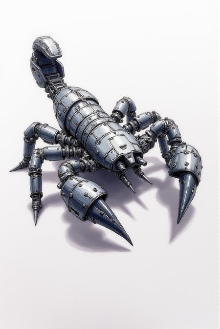 <lora:Vibrant_watercolor_v.22:0.9>   The pencil sketch depicts a highly detailed, futuristic robotic scorpion with a complex and intricate design. Its body is composed of segmented metal plates, mechanical joints, and visible gears, giving it an industrial, cybernetic appearance. The legs are articulated with claw-like tips, each joint resembling hydraulic machinery, emphasizing strength and precision. The tail curves upward, ending in a sharp, pointed stinger, hinting at both agility and threat. The scorpion's surface features overlapping armor with rivets, wires, and panels that enhance its menacing, armored look. The muted color palette of grays and silvers, along with subtle shading, adds a sense of depth and realism, creating a lifelike metallic sheen that emphasizes its formidable, high-tech nature.  