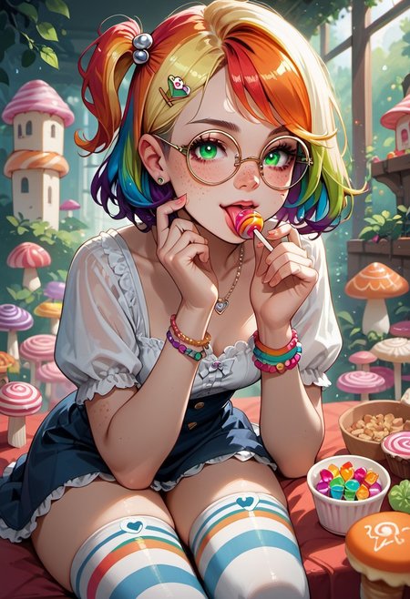 score_9, score_8_up, score_7_up, source_anime, short hair, 1girl, food, candy, jewelry, lollipop, one side up, bracelet, thighhighs, striped, looking at viewer, necklace, tongue, Mycelia, (rainbow colored hair:1.3), candy hairclip, round glasses, green eyes, freckles, petite