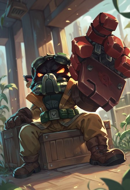 score_9, score_8_up, score_7_up, ultra quality, 1boy, yordle, shortstack, veigarxl, omegav, gas mask, military coat, belt, poach, black fur, glowing eyes, sitting, on crate, green lush background, angry, boots, raised hand, red hand, prosthetic hand