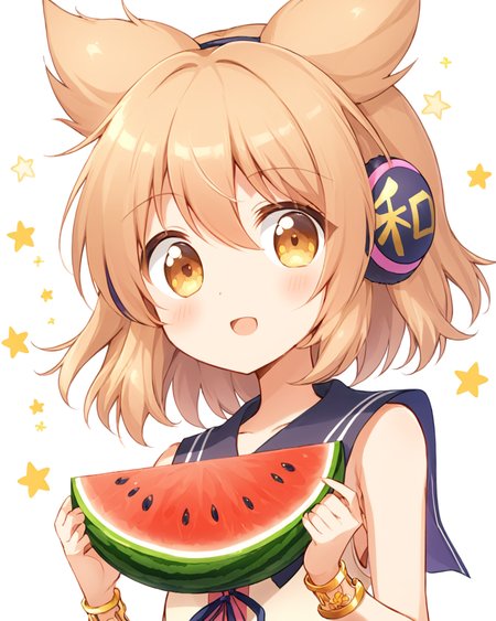 toyosatomimi no miko,1girl, solo, earmuffs, watermelon, open_mouth, upper_body, white_background, sparkle, bracelet, holding_food, simple_background, :d, looking_at_viewer, sleeveless_shirt, blush
<lora:toyosatomimi_no_miko_image4798_2023-12-20-000009:1>,star-shaped_pupils,symbol-shaped_pupils,. gorgeous,key visual, vibrant, studio anime,award-winning, professional, highly detailed,high budget, cinemascope