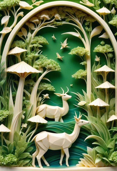 lazypos, (suave paster matte softwater colored) lush green garden inhabited by delicate different (colored) origami animal made out of ebovy ivory carved in the scene, lake,3d, green plants, (lens flare)