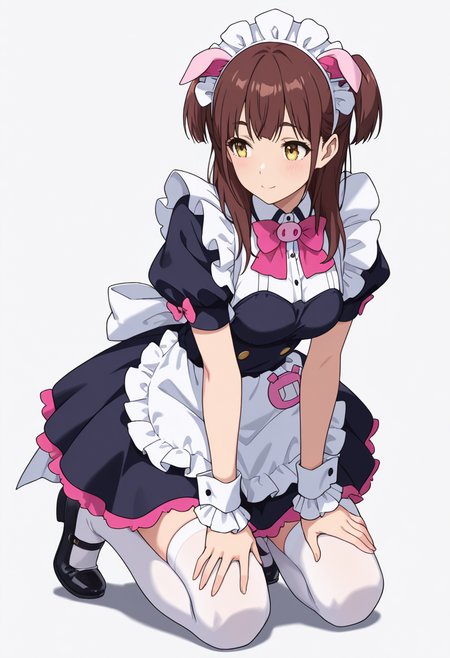 Smooth Quality,masterpiece,very intricate, high quality details, ultra realistic, high detailed skin,detailed enviorement,absurdres,
 <lora:Wahira_Nagomi_CNR:0.8> wahira_cnr, 1girl,brown hair, long hair, two side up, yellow eyes,pig ears, fake animal ears,maid, maid headdress, maid apron, puffy short sleeves,white thighhighs, black footwear, wrist cuffs, frills, pink bowtie,, simple background, white background, front view,solo,
kneeling, hands on thighs, head slightly tilted, neutral expression, focused gaze,  ,, ;),