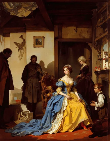 UHD, 8K, ultra detailed, a cinematic photograph of Rembrandt style <lora:chzcat:1>, This is a highly detailed, realistic oil painting by German artist Max Liebermann, titled "The Snow Queen." The painting depicts a scene from the fairy tale "The Snow Queen" by Hans Christian Andersen. The central figure is a young woman dressed in a voluminous, yellow gown with a dark blue bodice and puffy sleeves. Her hair is styled in a loose, wavy fashion, and she wears red high-heeled shoes. Surrounding her are three other figures: a man, a woman, and a boy. The man, standing to the left, has a serious expression and wears a brown coat and trousers. The woman, standing slightly behind the man, has a neutral expression and is dressed in a dark brown dress with a white apron. The boy, standing to the right, has a curious expression and is dressed in a white shirt with brown trousers and a vest., 
The setting appears to be a rustic, wooden interior with a wooden ceiling and beams. The walls are adorned with a bird sculpture and a small, framed painting. In the background, there is a wooden shelf with various small, wooden toys. The lighting is warm, casting soft shadows that enhance the texture and depth of the scene. The painting captures a moment of stillness and contempl . Baroque, chiaroscuro, realistic, emotional, "flat lighting, beautiful lighting, great composition