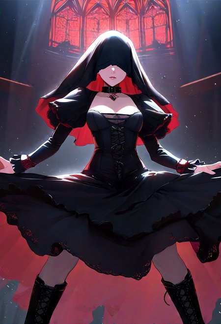 masterpiece, best quality, 1girl, solo, feet out of frame, medium shot, body shot, dynamic pose, standing, facing viewer, 
red g0thOutfit, old church background, indoor, dim light, at night, volumetric lighting