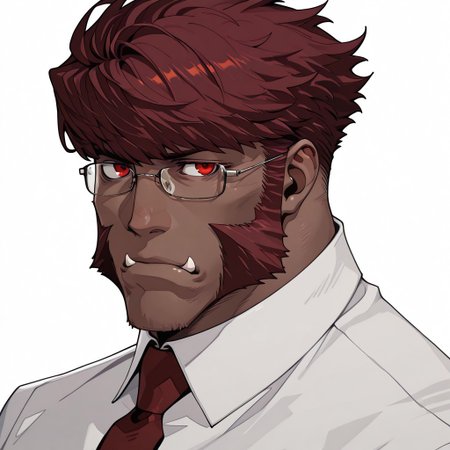 klaus, red hair, tusks, glasses, sideburns, eyes shadowed by hair, dress shirt, collared shirt, face focus, perfect face, IllustratedafricanmaleV1.5, dark-skinned male, african male, african, muscular, p3reloadportraits, portrait, white background, looking at viewer, raised eyebrow