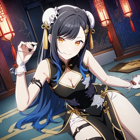 1girl, shiraishi an, project sekai, masterpiece, very aesthetic, absurdres, official art,
bewitching sister, (black hair:1.2), black and royal blue gradient hair, orange eyes, 
(looking at viewer:1.2), smiling, closed mouth, lying, BREAK
chinese clothes, china dress, bun cover, black dress, thigh strap, fingerless gloves, sleeveless, floral print, sleeveless dress, side slit, gold trim, white gloves, hair ornament, bare shoulders, print dress, bridal gauntlets, cleavage cutout, long skirt,
indoors, Chinese style room, dark, dark atmosphere, illuination, cyberpunk, 
<lora:sdxl-vs-BewitchingSister01:0.8:lbw=0,0,0.2,0.2,0,0.4,0.4,0,0.8,0.8,0,0,0,0.8,0.8,0.6,0.8,0.0,0.0,0.0,0,0,0,0,0,0>
