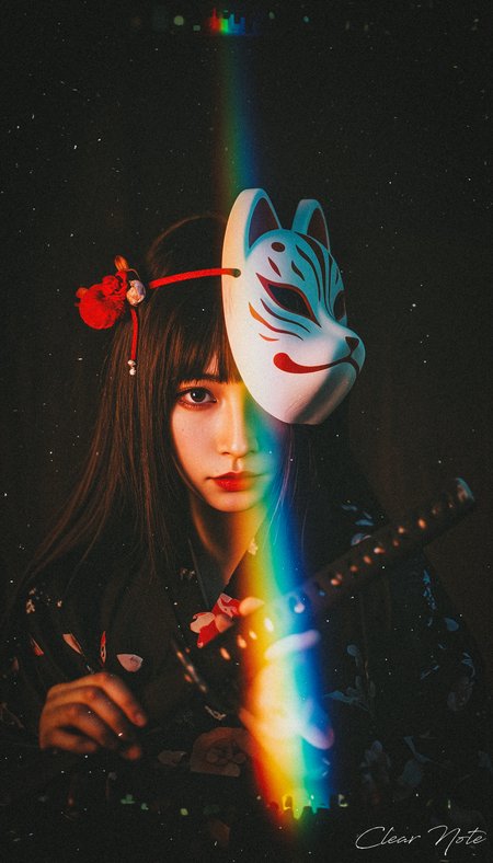 Japanese Culture Style, Emotional Photos, 35mm film, Young Japanese Woman, Reflection of light, Wearing a fox mask, Hold the katana