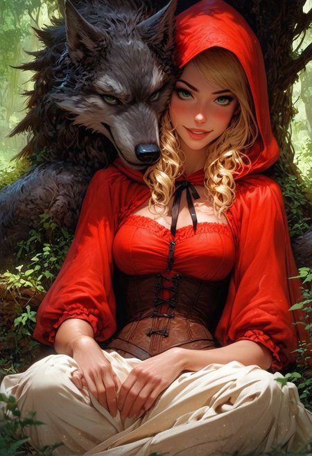 score_9, score_8_up, score_7_up, score_9, score_8_up, score_8, realistic, 3/4 pic, 19 year old sexy woman, blonde, green eyes, detail eyes, detail face, focus on face, perfect face, Little red riding hood, sitting under a tree, (((big dark wolf laying beside her))), dark forrest, looking  at viewer, she has a wicker basket with a lid beside her, orange  brown lether corset , short red mini skirt, skirt floting in wind, big round breast, seductive body, cute sexy pose, petite body, flirtatious look, forest background, 8k detail, smooth image, detailed face,