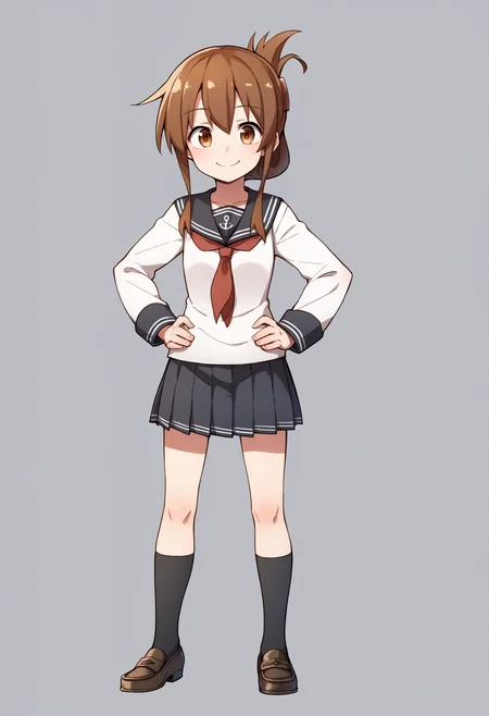 score_9, score_8_up, score_7_up, score_6_up, score_5_up, score_4_up, BREAK, source_anime,
1girl, inazuma \(kancolle\), brown hair, folded ponytail, long hair, brown eyes,
anchor symbol, black sailor collar, long sleeves, neckerchief, school uniform, serafuku, pleated skirt, black skirt, black socks, loafers,
hands on hips, smile,full body, solo, looking at viewer, simple background    <lora:InazumaXL:1>