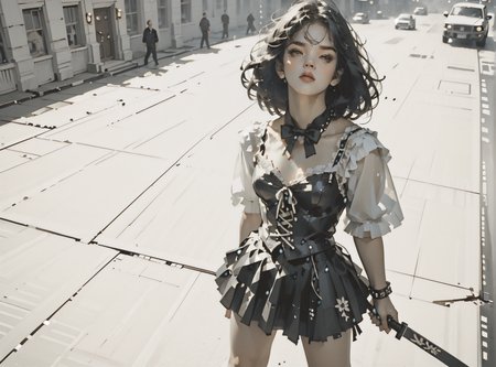 score_9, score_8_up, score_7_up, Fighting scene, shot from above, looking up against all odds, 1girl, pale skin, medium breasts, <lora:sm0k3XLP:1>, <lora:goth_clothes:1>, (skirt(side lace-up corset, black skirt)), Black hair, white highlights, <lora:Our_Muted_Future_Style:1>, <lora:Dark_Retro_Scifi_Aesthetic:1>,