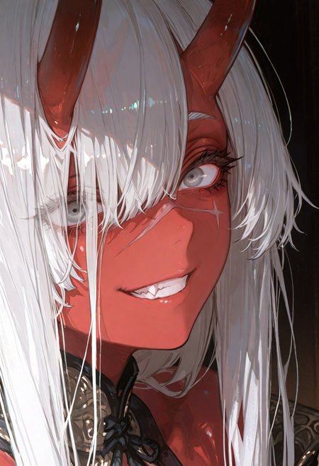 masterpiece, best quality, good quality, newest, highres, absurdres, volumetric lighting,gradient color,
BREAK 
raytracing, volumetric lighting, ambient occlusion, girl, luminescent background, masterpiece, best quality, very awa, absurdres, 
BREAK
Aka-Oni, oni, colored skin, (red skin:1.3), straight horns, solo, long hair, model style,
evil eyes, evil, bullying, sinister, grin,
BREAK
masterpiece,amazing quality,best quality,ultra-detailed,8K,illustration,CG,shiny hair,clear skin,ultra-detailed-eyes,simple background,cute girl, eyelashes
BREAK,
 perfect composition, solo, 1girl, gray eyes, long hair, silver hair, hair over one eye, scar on nose, extreme eye close up, eye focus, eye reflection, wide eyed, eyelashes, blank stare, looking at viewer,