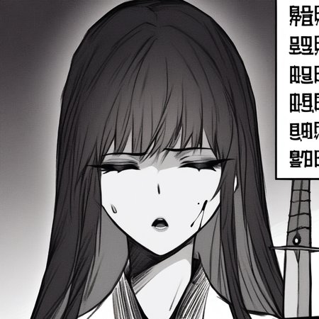 closed eyes, long hair, mole under eye, beautiful skin, chinese text, solo, dress, half-closed eyes, sword, masterpiece, score_8_up, bangs, 2girls, sweatdrop, high quality, source_anime, looking at viewer, blood, japanese clothes, korean text, open mouth, monochrome, sash, <lora:bae yuhan:1>