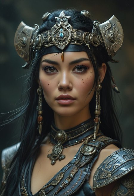 cyberpunk medium portrait of a futuristic female road warrior, cinematic color, photo, looking at the viewer,(realistic photograph), (photorealistic), cosplay, 啎䥃佄䔀Ancient Mongolian costume, beautiful girl, side soft light, long black semi shaved hair, s3m1sh4v3d, Dark environment, tribal tattoos, black over black, highly detailed, masterful painting in the style of Anders Zorn and Aleksi Briclot, oil on canvas