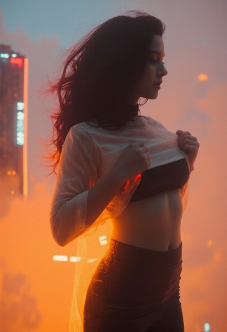 A breathtaking side-view of a voluptuous female Atlas, her powerful yet graceful form illuminated by a soft, golden glow. She carries the weight of the Earth on her shoulders, her muscles flexing under the immense burden. Her blouse is light and translucent, subtly revealing the contours of her body beneath, as if woven from celestial threads. Wisps of mist swirl around her, partially obscuring a distant, neon-lit cityscape in the background. The scene pulses with a surreal contrast of warm golden light and cool blue shadows, blending classical mythology with futuristic aesthetics. The high-tech fabric of her attire catches the ambient glow, shimmering with hints of synthetic orange accents. Her dark, flowing hair moves gently in the wind, a silent testament to the immense strain and unwavering determination in her gaze. The atmosphere crackles with digital static, as if reality itself struggles to contain the sheer power of her existence.
