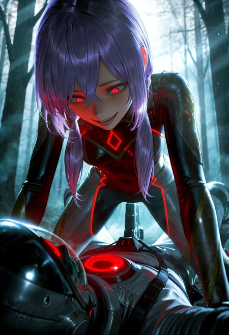 HDR, 8K, high contrast, masterpiece, best quality, amazing quality, very aesthetic, superabsurd res, high resolution, ultra-detailed, absurdres, newest, scenery, (horikoshi kouhei:0.3), (quasarcake:0.3), (wlop:0.3), light rays, chiaroscuro, dynamic angle, oo_sybil, 1girl, pink eyes, red eyes, purple hair, bangs, hair between eyes, long hair, low twintails, small breasts, bodysuit, spacesuit, skin tight, yandere sex, crazy smile, crazy eyes, 1boy,hetero,girl on top, implied sex, see though silhouette, cowgirl position, leaning forward, bending over, weapon, holding gun, outside, haunted forest, dark forest, dead trees, evil aura, fog, partially illuminated, (backlighting), Intricately designed, Mysterious Shadows, BREAK, photorealistic, beautiful detailed eyes, detailed skin, detailed hair, volumetric lighting, dappled light, light particles, dramatic shadows, cinematic lighting, photo background, depth of field, <lora:ponyxl\cfg_scale_boost:0.8> <lora:IL\KMS_OO_Sybil_IL-000013:0.8>