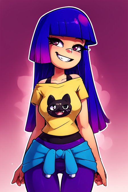 score_9, score_8_up, score_8, medium breasts, (curvy), cute, eyelashes,       BREAK, ,  ,,, zzMiko, long hair, purple hair, blunt bangs, multicolored hair, yellow shirt, short sleeves, t-shirt, print shirt, off shoulder, animal print, jewelry, purple pants, blue jacket around waist,  <lora:MikoKubota_PDXL_v2:0.8>,  ,,,  , BREAK, smile, looking at viewer, ,,, abstract background, white outline, cowboy shot, ,,, embedding:zPDXL, Expressiveh, ,,, <lora:theOtherHalfPDXL:0.8>, <lora:CatalystStylePDXL:0.6>, <lora:SDXLFaeTastic2400:0.5>, <lora:Expressive_H-000001:0.4>,