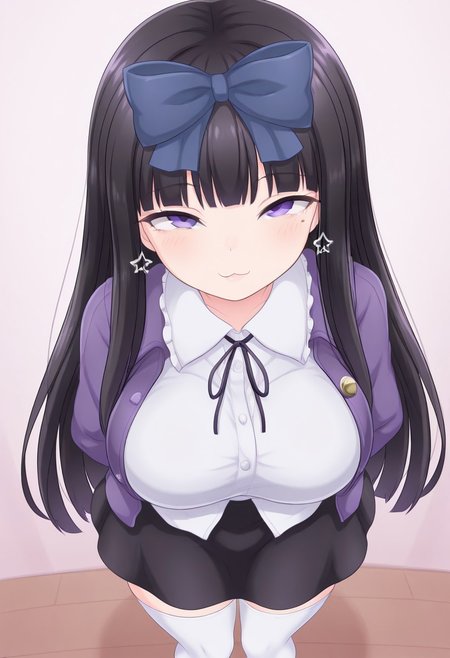 best quality, from above,
1girl, solo, star sapphire, black hair,
purple eyes, mole under eye,
large breasts,
purple jacket, collared shirt, white shirt,
open jacket, black skirt, 
white thighhighs,
neck ribbon, star earrings, buttons,
looking at viewer, :3, smile, arms behind back,