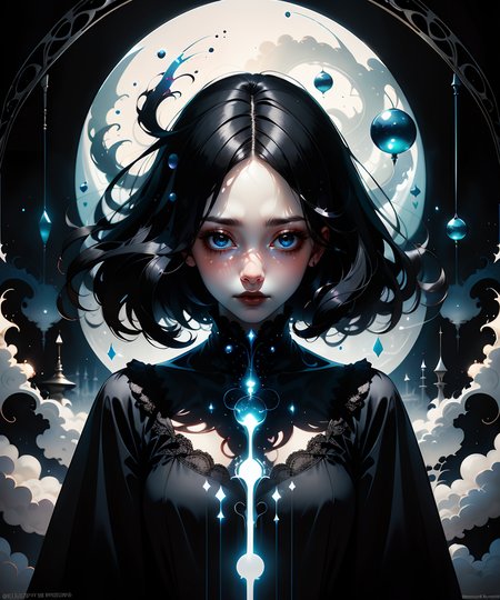 1woman, (black straight hair:1.3), ((Gloomcore)), dark magical atmosphere, glowing, <lora:GoodHands-vanilla:1>,  <lora:AnzhcDreamwave v3_1 watermark fix:0.8>