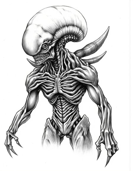 Halloween_Art_Style_Concept, Aa black and white digital drawing featuring Alien