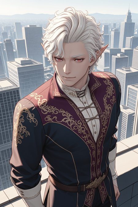 masterpiece, best quality, absurdres,
<lora:BGAstarion:1.0>
BGAstarion, 1boy, white hair, red eyes, pointy ears, looking at viewer, posing confidently on a rooftop overlooking a city skyline