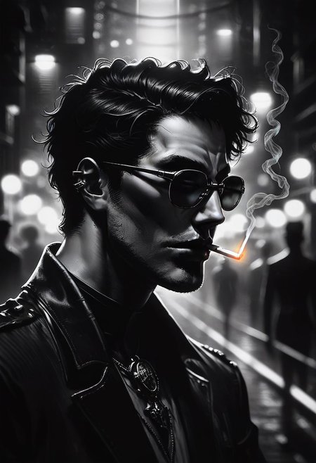 zPDXL2, score_9, score_8_up, score_7_up, source_anime, noir, portrait, mysterious goth man, night city, liting cigarette, best quality, dark theme, low light, best quality,  dark_techwear, face in profile, face close up, bpe-illuminati, depth of field, dof
