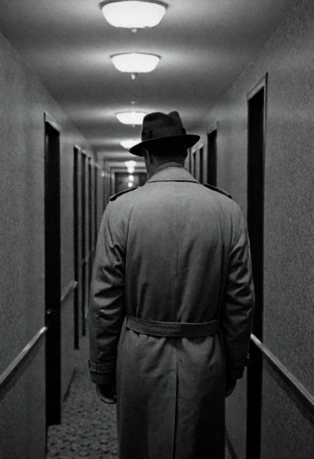 In 1950s Chicago, Night, hotel interior, hallway, you see an elevator at the end with a man in a hat and trench coat walking. Captured on a 35mm camera, black and white, classic film noir film.