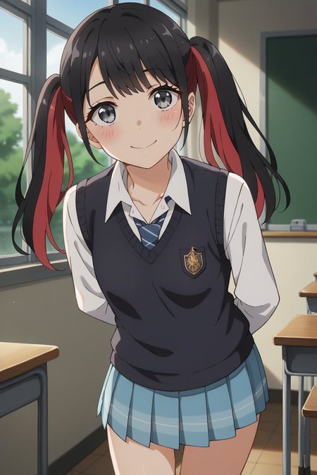 score_9, score_8_up, score_7_up, source_anime, 1girl, prefect lighting, very aesthetic, intricate details, highly detailed background, masterpiece, high quality, prefect hands, best quality, solo,
<lora:Nowa_Dress_up_Darling_V1:.85>, KJOnowa, black hair, multicolored hair, grey eyes, twintails, bangs,
school uniform, blue pleated skirt, kneehighs, sweater vest, collared shirt,
leaning forward, arms behind back, head tilt, smile, looking at viewer, blush, 
School, classroom, window, sunny, tree,
(Beautiful, small Breasts:1.2), natural breasts,