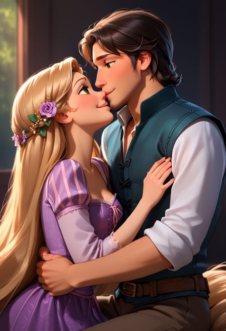 score_9,score_8_up,score_7_up, rapunzel, FlynnRider, muscular FlynnRider, rapunzel, couple, girl with green eyes, boy with brown eyes, happy, kissing