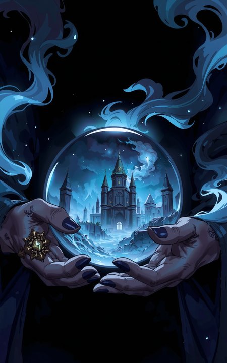 A close-up focus on a wizard's hands,gracefully holding a glowing crystal ball. The hands are detailed with magical rings,intricate tattoos,and faint traces of magical energy flowing around the fingers. Inside the crystal ball,a dark,ominous ancient castle is vividly displayed,surrounded by swirling mist and flickering arcane lights. The scene is rich in fantasy style,with a mysterious,dim background that enhances the magical aura.,
<lora:fca_style_3_4:1>,Flat colour anime style image showing,