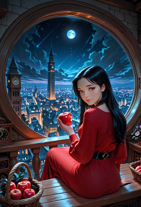 SmoothNoob_Quality, 1girl,  black hair, long hair, red dress, architecture, balcony, bookshelf, building, chimney, city, city lights, cityscape, clock, cloud, fantasy, flower, full moon, moonlight, night sky, planet, round window, scenery, shooting star, sitting, skyline, solo, tower, looking back, light smile, holding bitten apple, fruit basket, <lora:Smooth_Booster:0.25> <lora:SLE_v2:-0.5>