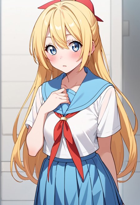 score_9, score_8_up, score_7_up, source_anime,chitoge kirisaki, blonde hair, long hair, blue eyes, 1girl, solo, skirt, blue skirt, school uniform, looking at viewer, sailor collar, white shirt, pleated skirt, shirt, blue sailor collar, blush
