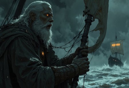 A bearded Viking is gripping the prow of a Viking ship, calling out fervently to Odin. The ship sails through a dark, foggy sea, with visibility reduced to almost nothing. The thick mist envelopes the scene, adding an eerie and mysterious atmosphere. The Viking's powerful voice and desperate call to the gods echo through the gloom, capturing the intensity and drama of the moment.