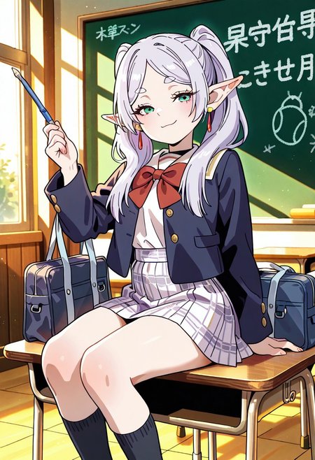 masterpiece,best quality,amazing quality,very aesthetic,absurdres,newest,   skirt, bag, pointy ears,  , socks, earrings, school bag, holding, jewelry, school uniform, detaioled background, red bow, blackboard, smug face, 
frieren,dark blue jacket, checkered skirt, classroom, she sit on a desk, panty peek:1.2, she lift her skirt hem
Yamashita_shunya_STYLE,
