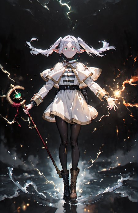 perfect quality,high quality,masterpiece,best quality,amazing quality,very aesthetic,absurdres,Cinematic Lighting,newest,Tactical use of shadow,from_side,fisheye,wide_shot,depth of field,
FrierenCyql,1girl,elf,pointy ears,twintails,staff,solo,holding staff,capelet,pantyhose,holding,white capelet,mage staff,long hair,looking at viewer,black pantyhose,boots,earrings,jewelry,white hair,full body,green eyes,belt,long sleeves,dress,glowing,floating hair,white dress,striped clothes,parted bangs,striped shirt,(magic:1.2),standing,skirt,shirt,water,black belt,closed mouth,glowing eyes,dangle earrings,black footwear,white skirt,black background,reflection,(casting spell:1.3),fire,brown footwear,gold trim,(outstretched_arms:1.3),(spread arms:1.3),
<lora:spo_sdxl_10ep_4k-data_lora_webui:0.6>,<lora:Frieren_Illustrious by Cyql:1>,<lora:Aura_r1:0.6>,colorful,electricity,<lora:GBF_Illustrious:0.7>,gbf_style,<lora:EtherSDXL:0.5>,EtherStyle,<lora:holographiccolor:0.5>,qxys,<lora:ILwatercolor:1>,Watercolor,