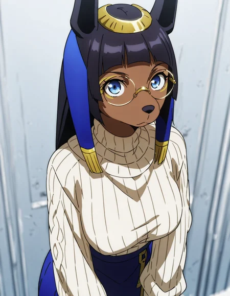 <lora:ANBS-02Illustrious1.0JLFO:1> anbs-02, headdress, 1girl, dark-skinned female, solo, sweater,round eyewear,skirt, black hair, jackal ears, jewelry, long hair, furry female, blue eyes, bangs, breasts, blunt bangs, looking at viewer,