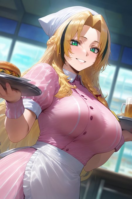 masterpiece,best quality,amazing quality,very aesthetic,(absurdres:1.1),newest, 1girl, solo, Koganei Niko, green eyes, slit pupils, multicolored hair, blonde hair, black hair, long hair, side braid, parted bangs, white headwear, waitress, collared dress, pink dress, striped dress, frills, waist apron, white apron, short sleeves, holding tray, indoors, diner, smile, mikayori, masterpiece, best quality, good quality, newest