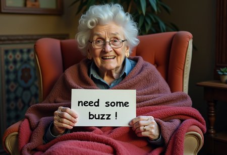 grandma sat on a chair,blanket, holding a sign say "need some buzz"