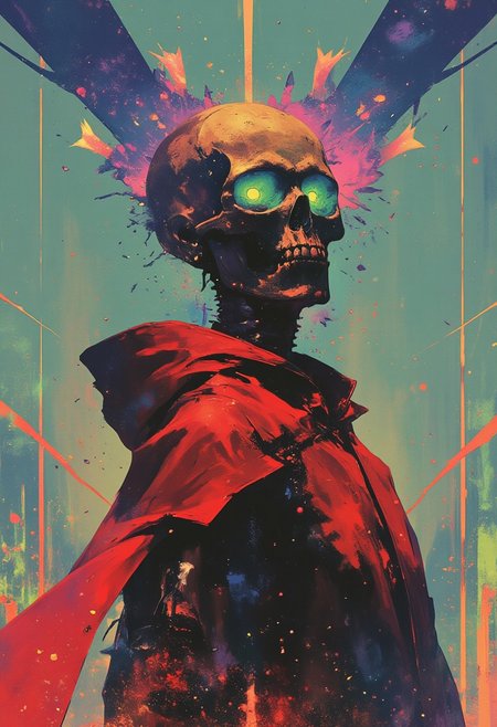 **(highly detailed digital artwork:1.3, surrealism:1.3, abstract expressionism:1.3) depicting a (human figure:1.3) with a (skull head:1.4), draped in a (flowing, tattered red robe:1.3) and (hooded crimson cloak:1.3).** The (skull:1.3) is (textured:1.3, weathered:1.3) with (glowing toxic green eye sockets:1.3), appearing (menacing:1.3, ethereal:1.3). The (robe and cloak:1.3) are (tattered:1.3, wind-swept:1.3), with (jagged, flame-like edges:1.3) that seem to (shift and distort:1.3) as if (burning in neon flames:1.3).  
The (background:1.3) is a (chaotic swirl:1.3) of (radioactive blues:1.3, electric purples:1.3, and acid greens:1.3), creating a (psychedelic, otherworldly void:1.3). (Jagged neon cyan beams:1.3) radiate from behind the figure, casting (dramatic, high-contrast highlights:1.3) across the (skull’s surface:1.3) and (flowing fabric:1.3). The (cloak’s folds:1.3) catch the (neon light:1.3), giving it a (glowing, spectral quality:1.3).  
The (composition:1.3) is (intense:1.3, striking:1.3), with the (figure's posture:1.3) exuding (power:1.3, ominous presence:1.3). The (style:1.3) is (hyper-stylized:1.3, exaggerated:1.3), with a (focus on bold, clashing colors:1.3) and (distorted visual elements:1.3). The (mood:1.3) is (haunting:1.3, apocalyptic:1.3), evoking (a surreal, nightmarish vision:1.3). The (artist’s signature:1.3) is (subtly integrated:1.3) into the (chaotic energy lines:1.3) running through the background.