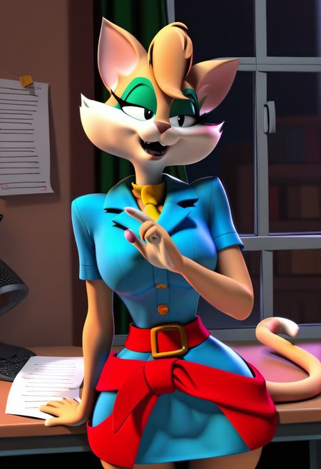 score_9, score_8_up, score_7_up, score_6_up, score_5_up, score_4_up, retro artstyle, BREAK 
Tabitha_Fantomcat,cat girl,1girl, breasts, solo, animal ears, furry,cat tail, shirt, indoors, furry female, skirt,cat ears, blue shirt,cat tail, large breasts, holding, teeth, black eyes, open mouth, body fur, short sleeves,short hair,cat girl, collared shirt, window, cleavage, paper, belt, smile, hand up, blue skirt, necktie,short hair, cowboy shot, desk, buttons, pencil skirt,fur, animal nose, standing, wide hips, office, happy, shirt tucked in, snout, fur, :3, half-closed eyes
<lora:tabitha-v1:1>