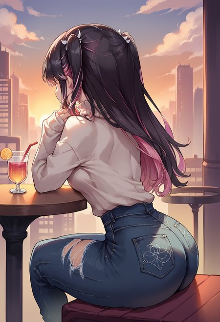 score_9, score_8_up, source_anime, 1girl, solo, NazunaKaga, multicolored hair, black hair, pink hair, long hair, two side up, outdoors, sitting, cityscape, sunset, ripped jeans, butt, from side, turtleneck sweater, sitting, arched back, beverage, table, facing away, arm rest, <lora:ChamNazunaKagaPonyXL:1>