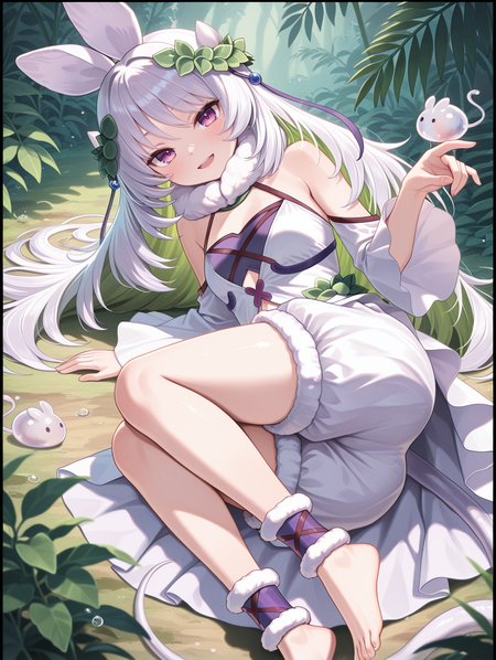 traptrix cularia, 1girl, solo, barefoot, smile, looking at viewer, open mouth, leaf hair ornament, plant, on side, leaf, plant girl, white fur collar, white sleeveless dress, white detached sleeves, white bloomers, purple ankle cuffs, white creature, creature on hand, black border, full body, nature, 
masterpiece,best quality,amazing quality,very aesthetic,absurdres,newest,<lora:Traptrix Cularia illuXL v1:0.7>,